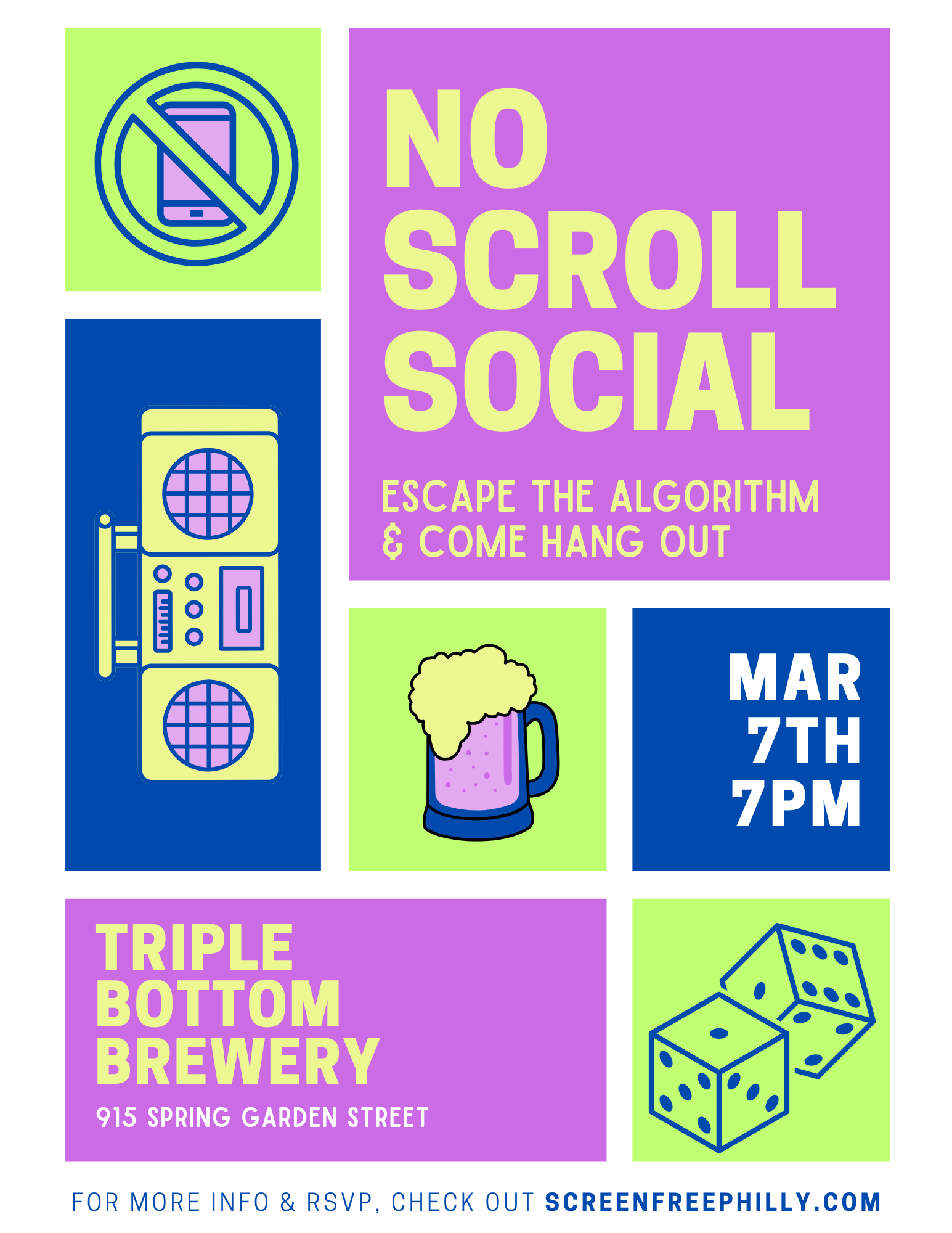 No Scroll Social flyer — March 7th, 7 PM at Triple Bottom Brewery, 915 Spring Garden Street. Escape the algorithm and come hang out.